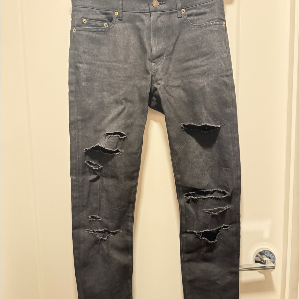 Yves Saint Laurent Black Skinny Jeans with Distressed Knees